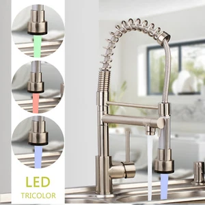 LED Deck Mount Bathroom Taps Kitchen Brushed Nicke Mixer Tap Sink Faucet - Foto 1 di 6