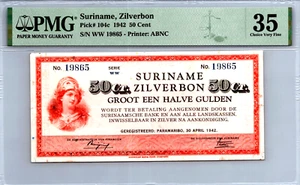 Suriname 50 Cents 1942 Zilverbon PMG 35 Choice Very Fine Pick#104c - Picture 1 of 18