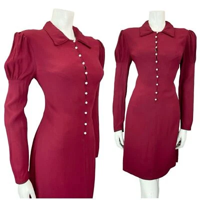 VTG 60S 70S BERRY RED PEARL BUTTON DOWN JULIET MUTTON SLEEVE SHIFT DRESS S 8 10 - Image 1 of 4
