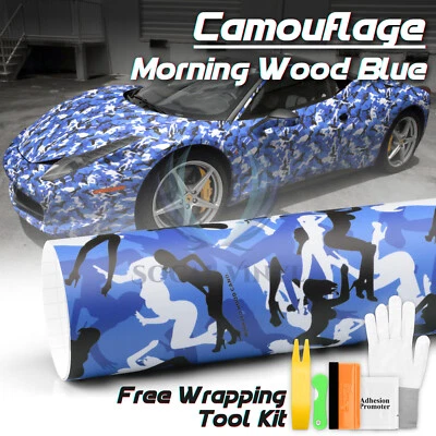 Camuflaje Camuflaje Mañana Madera Azul Coche Vinilo Envoltura Calcomanía Hoja Película Hágalo Usted Mismo Foto 1 de 4