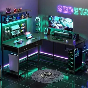 L Shaped Gaming Desk with LED Lights and Hutch, Computer Desk with Monitor Stand - Picture 1 of 9