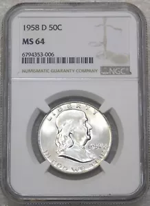 Medio dólar Franklin 1958-D NGC MS64 Frosty Luster nuevo soporte #U36L - Imagen 1 de 4