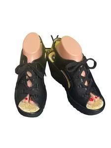 New! Fly London Ylfa Wedge Sandals Black Platform 9 - Picture 1 of 12