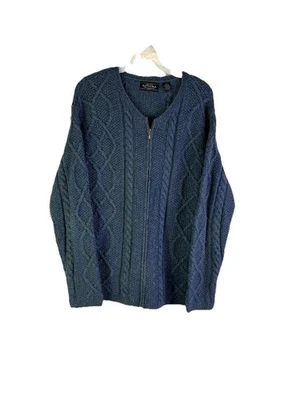 Vintage 90s Womens 1XL Silk Cable Knit Fisherman Cardigan Sweater Blue - Image 1 of 4