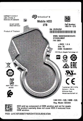 ST2000LM007 P/N: 1R8174-570 F/W: EB01 S/N: ZDZF TK 2TB JAN 2021 THAILAND SEAGATE - Image 1 of 2