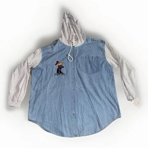 VTG Looney Tunes Daffy Duck Rap Hoodie Denim Style Button Down Shirt Size XL 90s - Picture 1 of 9