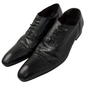 BESPOKE Black Wingtip Dress Shoes Men Size 44 Embossed Snakeskin Pointed Toes - Picture 1 of 13
