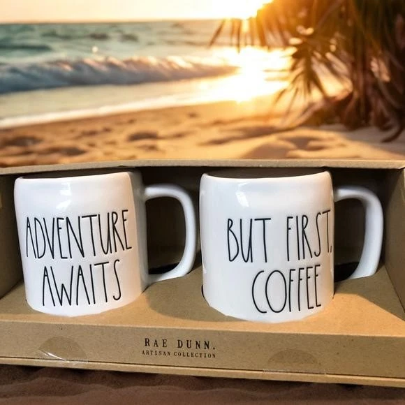 Rae Dunn Adventure Awaits| But First Coffee, set of 2 mugs NEW - Image 1 of 1