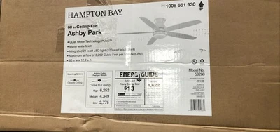 Hampton Bay Ashby Park 60" LED White Ceiling Fan with Light + Remote New - Image 1 of 3