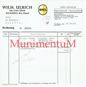 Rechnung 1949 OPEL - HÄNDLER Wilhelm Ulrich HOMBERG / Efze Bez. Kassel F99 - Bild 1 von 1