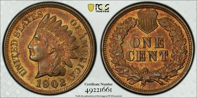1902 INDIAN HEAD CENT PCGS MS 63 RB FLASHY LUSTER AND LOTSA RED OVER BOTH SIDES - Image 1 of 4