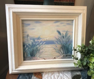 Arte enmarcado de playa original pintura al óleo océano faro gaviotas firmado K Jacobs  - Imagen 1 de 23