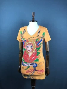 Ed Hardy T-Shirt Viscose Women Size L Yellow Patterned - Picture 1 of 13