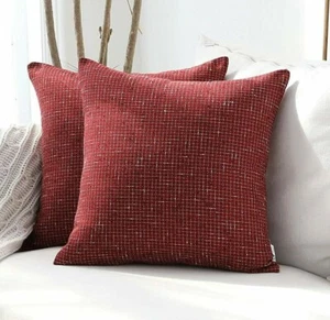 Pr Wine Red 3 Color Check Weave LINEN FARMHOUSE PILLOW COVERS 18x18 - Picture 1 of 2