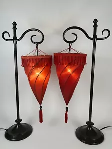 Rare Pair Pottery Barn Medina Moroccan Lamps 28” Red Silk Tassel Shade Boho - Picture 1 of 23