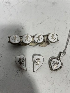 Vintage Siam Sterling Silver White Enameled Goddess Mekkala Jewelry Suite - Picture 1 of 11
