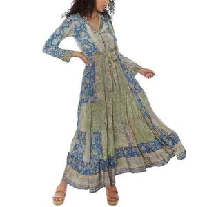 Raga Jai Belted Button Down Tiered Maxi Dress 2X NWT Green Blue Paisley Floral - Picture 1 of 4