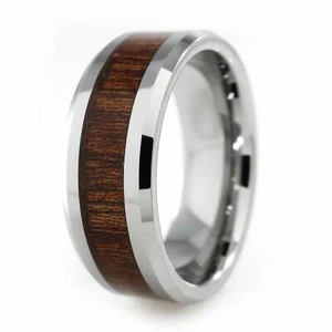 Silver Tungsten Carbide Wood Inlay Bridal Ring Comfort Fit MEN Wedding Band 8MM - Picture 1 of 6