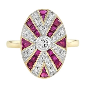 14K Gold Diamond Ruby Oval Shaped Art Deco Style Cocktail Ring - Picture 1 of 11