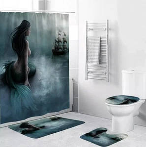 Mermaid Shower Curtain Bathroom Rug Set Non-Slip Bath Mat Toilet Lid Cover - Picture 1 of 3