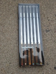 Juego de 6 pinchos/tenedores de fondue vintage con mango de madera Stelton, acero inoxidable danés - Imagen 1 de 3