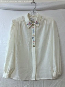 Vintage Women's Koret Petites Beige Blouse with Floral Embroidery Size 4 P - Picture 1 of 6