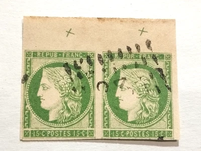 FRANCE 1850  Paire - 15c vert clair - N°2. Cérès oblitéré - Photo 1/4