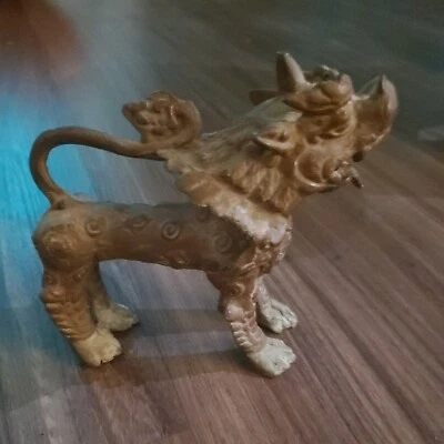 Tibetan Foo Dog Kylin Brass Temple Lion Guardian, Horned 6" Early Antique  - Image 1 of 2