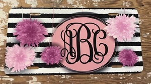 Monogram License Plate Pink Flowers Stripes Personalized Car Tag New - Picture 1 of 2