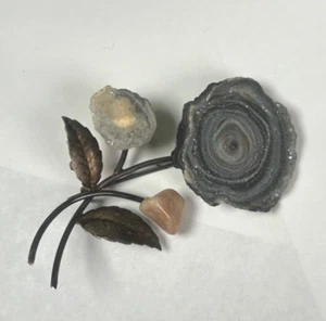 Vintage 925 Sterling Silver Natural Geode & Natural Stone Floral Artisan Brooch - Picture 1 of 2