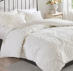 WHITE CHENILLE Queen or King DUVET SET : FARMHOUSE COTTAGE VINTAGE PLUSH SHABBY - Picture 1 of 10