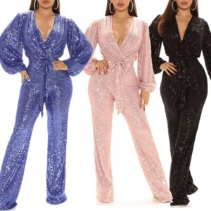 Frauen funkelnden Pailletten Jumpsuit Mode V Hals Puffärmel Belted Romper Party - Bild 1 von 24