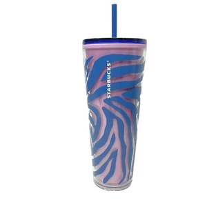 Starbucks Summer 2021 Pink & Blue Zebra Animal Print 24oz Venti Tumbler Cup Mug - Picture 1 of 7