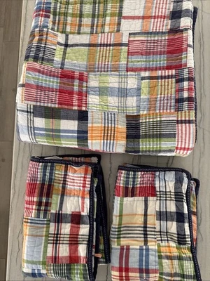 Pottery Barn Kids Madras Patchwork Quilt 78" x 77"  & 2 Standard Shams - Image 1 of 4