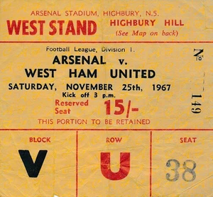 BOLETO: Arsenal v West Ham United 1967/1968 - Imagen 1 de 1
