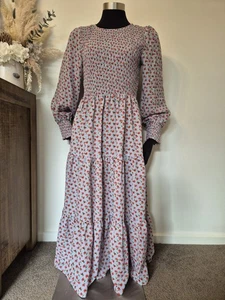 LEONI Sz 10 Womans Floral Midi Dress Blue Red Ruched Shirring Bodice Cuffs - Picture 1 of 12