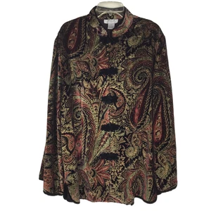 Aria A. Velvet Long Sleeve Button Up Toggle Paisley High Neck Top Blouse Silk XL - Picture 1 of 10