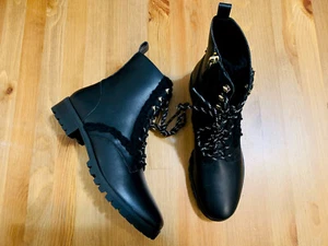 Kate Spade Raquelle faux fur trim lug sole combat boots black NWOB size 8 - Picture 1 of 9