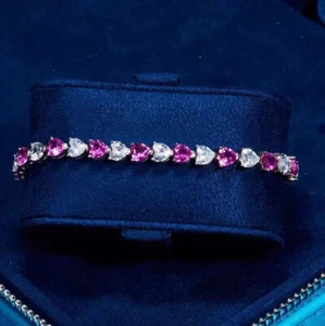 8Ct Heart Lab Created Sapphire & Diamond Tennis Bracelet 14K White Gold Plated - Picture 1 of 4