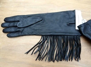Boho Gerard Darel Paris Black Leather Tassel Long Gloves Silk Lined NWT sz8 - Picture 1 of 8