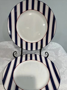 222 FIFTH ANCHOR HERE RED WHITE & BLUE STRIPED Nautical DINNER PLATES SET OF 4 - Picture 1 of 4