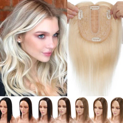 Large Base Clip In 100% Real Human Hair Topper Top Hairpiece Toupee Bob Bangs 10 - Image 1 of 4