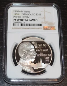 1996 Luxembourg Silver 20 Euro Prince Henry Fantasy Issue NGC PF 69 Ultra Cameo - Picture 1 of 4