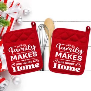 Family Makes This House A Home (2) Pocket Pot Holder Oven Mitt Cook 05reddbl#1 - Picture 1 of 1