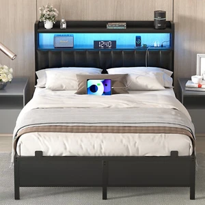 Full Size Bed Frame with Upholstered Headboard & Charging Station & LED Lights - Picture 1 of 8