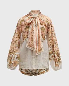 Zimmermann camicetta ramie floreale chintz con scollo a cravatta taglia AU 4/US12 - Foto 1 di 6