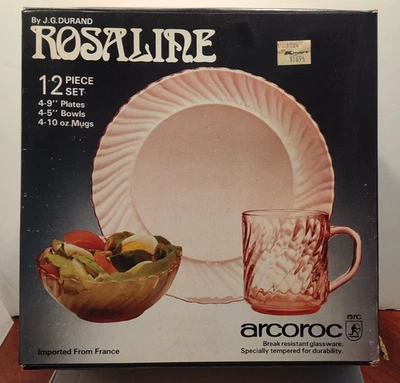 Arcoroc J G Durand Rosaline Glass 12 Piece Boxed Set - 9" Plates 5" Bowls & Mugs - Image 1 of 3