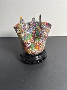 Murano Glass Millefiori Fazzoletto Handkerchief Bowl Hand Carved Stand - Picture 1 of 13