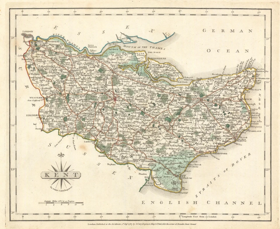 Antique county map of KENT by JOHN CARY. Original outline colour 1787 old - Image 1 of 1