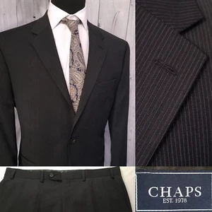 Chaps Men's Gray Blue Pinstripe 2 Piece Suit 44s Flat Front 36x29" Pants - Picture 1 of 19